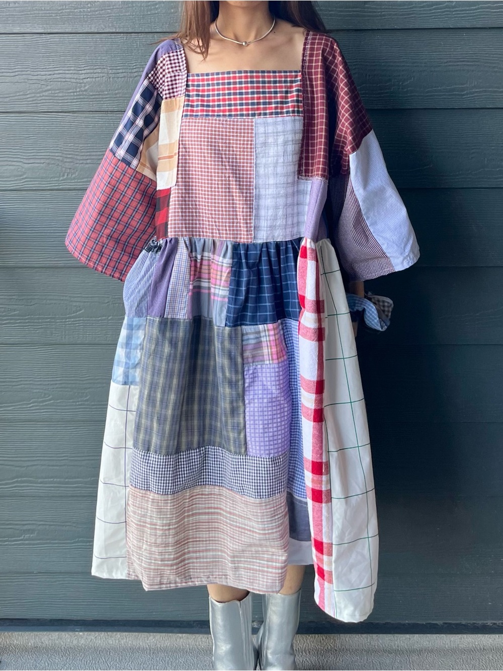 Handmade Quilted Patchwork Plaid Dress SKU 06155 With Matching Scrunchies - Picture 5 of 16